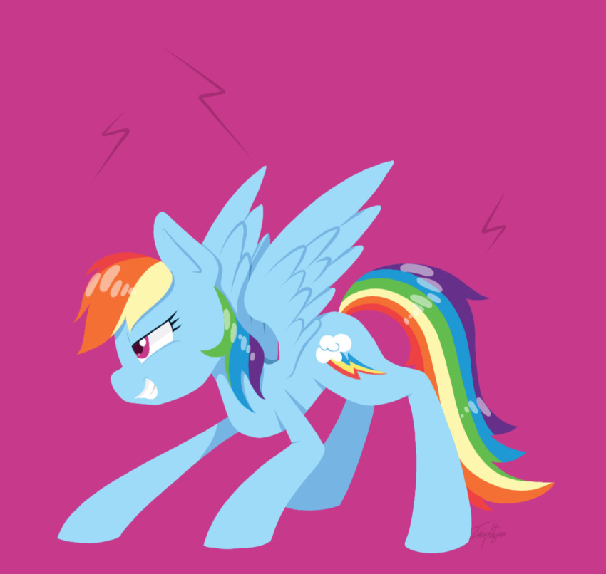 2018 blue_body blue_feathers blue_fur cutie_mark digital_media_(artwork) equid equine eyelashes feathered_wings feathers female feral friendship_is_magic fur grin hair half-closed_eyes hasbro imaplatypus mammal mane multicolored_hair multicolored_mane multicolored_tail my_little_pony narrowed_eyes pegasus pink_background pink_eyes rainbow_dash_(mlp) rainbow_hair rainbow_mane rainbow_tail signature simple_background smile tail teeth wings