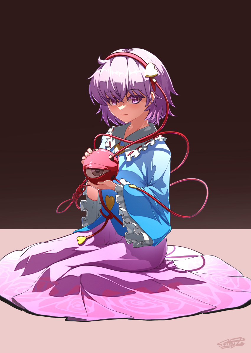 1girl absurdres blue_shirt closed_mouth collared_shirt eyeball frilled_shirt_collar frilled_sleeves frills hair_between_eyes hair_ornament hairband heart heart_hair_ornament highres komeiji_satori long_sleeves pink_eyes pink_hair pink_skirt red_hairband schnuz shirt short_hair skirt solo third_eye touhou wide_sleeves