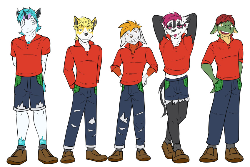 anthro anthrofied appletun boltund bottomwear clothed clothing cutoffs davie_(fuze) denim denim_clothing ed_(fuze) footwear fully_clothed fuze galarian_form galarian_linoone galarian_ponyta galarian_zigzagoon generation_8_pokemon group hands_behind_head hands_on_hips hi_res jeans king_(fuze) male navel nintendo pants pokemon pokemon_(species) pokemorph polo_shirt raboot regional_form_(pokemon) shirt shoes shorts simple_background socks tongue tongue_out topwear torn_sleeves white_background