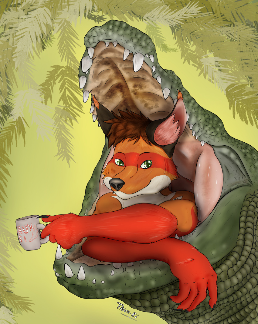 absurd_res animal_humanoid anthro beverage canid canid_humanoid canine canine_humanoid claws coffee coffee_cup coffee_mug container crocodile crocodilian crocodylid cup duo fangs feral flesh flesh_wall fox fox_humanoid fur green_body green_eyes hi_res humanoid inner_ear_fluff male male/male mammal mammal_humanoid nature nature_background neck_bulge open_mouth oral_vore palate predator/prey prey red_body red_fox red_fur reptile scalie sharp_claws sharp_teeth simple_background smile swallowing teeth throat thux-ei tuft vore willing_pred willing_prey willing_vore