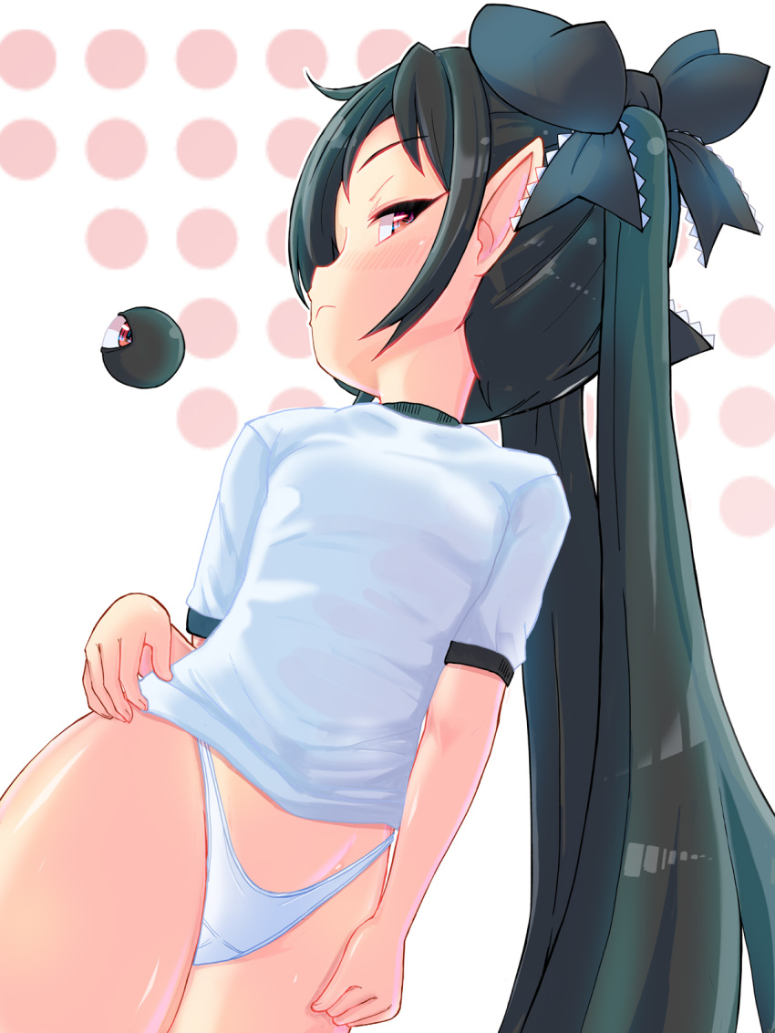 1girl backbeako backbeard black_hair black_ribbon blush breasts closed_mouth commentary expressionless gegege_no_kitarou gym_shirt hair_over_one_eye hair_ribbon half-closed_eyes hand_on_own_hip highleg highleg_panties highres long_hair looking_at_viewer no_pants original paid_reward_available panties pointy_ears red_eyes ribbon shirt short_sleeves sideways_glance simple_background small_breasts solo torotei twintails underwear variant_set white_background white_panties white_shirt