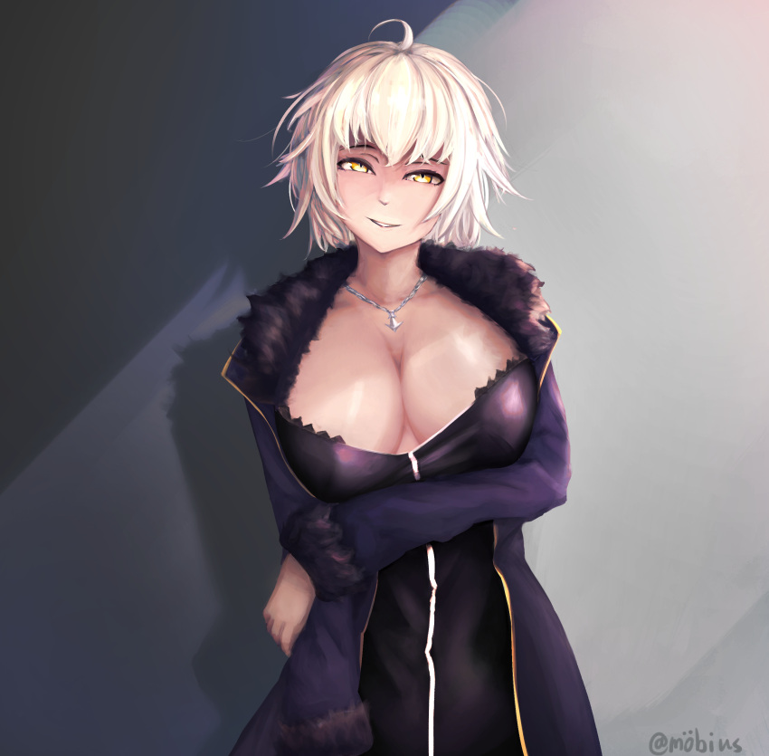 1girl absurdres arm_under_breasts black_dress blonde_hair blue_jacket breasts collarbone dress fate/grand_order fate_(series) fur-trimmed_jacket fur_trim highres jacket jeanne_d'arc_alter_(fate) jeanne_d'arc_alter_(ver._shinjuku_1999)_(fate) keira_nier large_breasts medium_hair over-kneehighs smile solo thighhighs upper_body