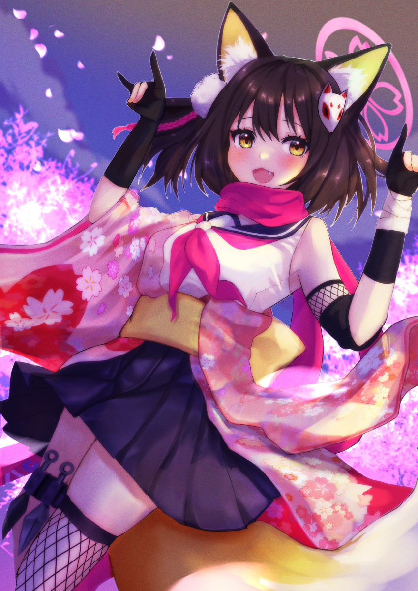 1girl absurdres animal_ears blue_archive brown_hair cherry_blossoms collared_shirt cowboy_shot double_fox_shadow_puppet floral_print fox_ears fox_girl fox_hair_ornament fox_shadow_puppet fox_tail full_moon gloves halo highres holster izuna_(blue_archive) japanese_clothes kunai looking_at_viewer moon neckerchief night obi off_shoulder open_mouth outdoors partially_fingerless_gloves pink_neckerchief pink_scarf pleated_skirt samgo sash scarf shirt short_hair single_thighhigh skirt smile solo tail thigh_holster thighhighs visor_cap weapon white_shirt wrist_wrap yellow_eyes
