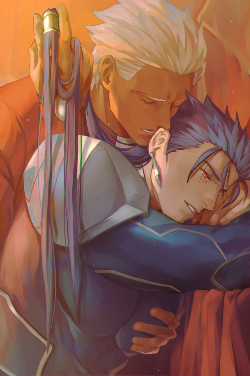 2boys absurdres archer_(fate) armor blue_hair closed_eyes coat cu_chulainn_(fate) earrings english_commentary fate/grand_order fate_(series) fingernails grabbing grabbing_another's_hair grabbing_from_behind gravesecrets hand_on_another's_chest highres jewelry large_pectorals leather_armor long_hair long_sleeves male_focus mature_male multiple_boys parted_lips pectoral_grab pectorals ponytail red_coat shoulder_armor tan white_hair yaoi
