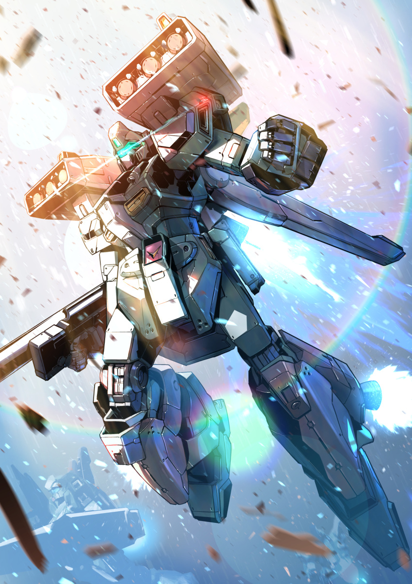 assault_visor clenched_hand commentary_request debris exhaust flying full_body gun gundam gundam_unicorn highres holding holding_gun holding_weapon jegan kuri_giepi lens_flare mecha missile_pod mobile_suit no_humans robot science_fiction solo_focus stark_jegan thrusters weapon