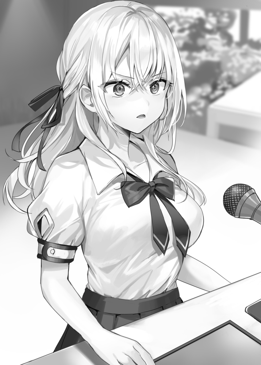 1girl absurdres alisa_mikhailovna_kujou breasts buttons classroom collarbone collared_shirt commentary_request crossed_bangs desk dress_shirt floor furrowed_brow greyscale hair_intakes hair_ornament hair_over_shoulder hair_ribbon hand_on_table highres indoors long_hair looking_ahead loose_clothes loose_neck_ribbon loose_shirt lower_teeth_only medium_breasts microphone momoko_(momopoco) monochrome neck_ribbon novel_illustration official_art open_mouth parted_bangs parted_lips pleated_skirt puffy_short_sleeves puffy_sleeves ribbon school_uniform serious shirt short_sleeves sidelocks skirt solo swept_bangs table teeth tokidoki_bosotto_roshia-go_de_dereru_tonari_no_arya-san writing