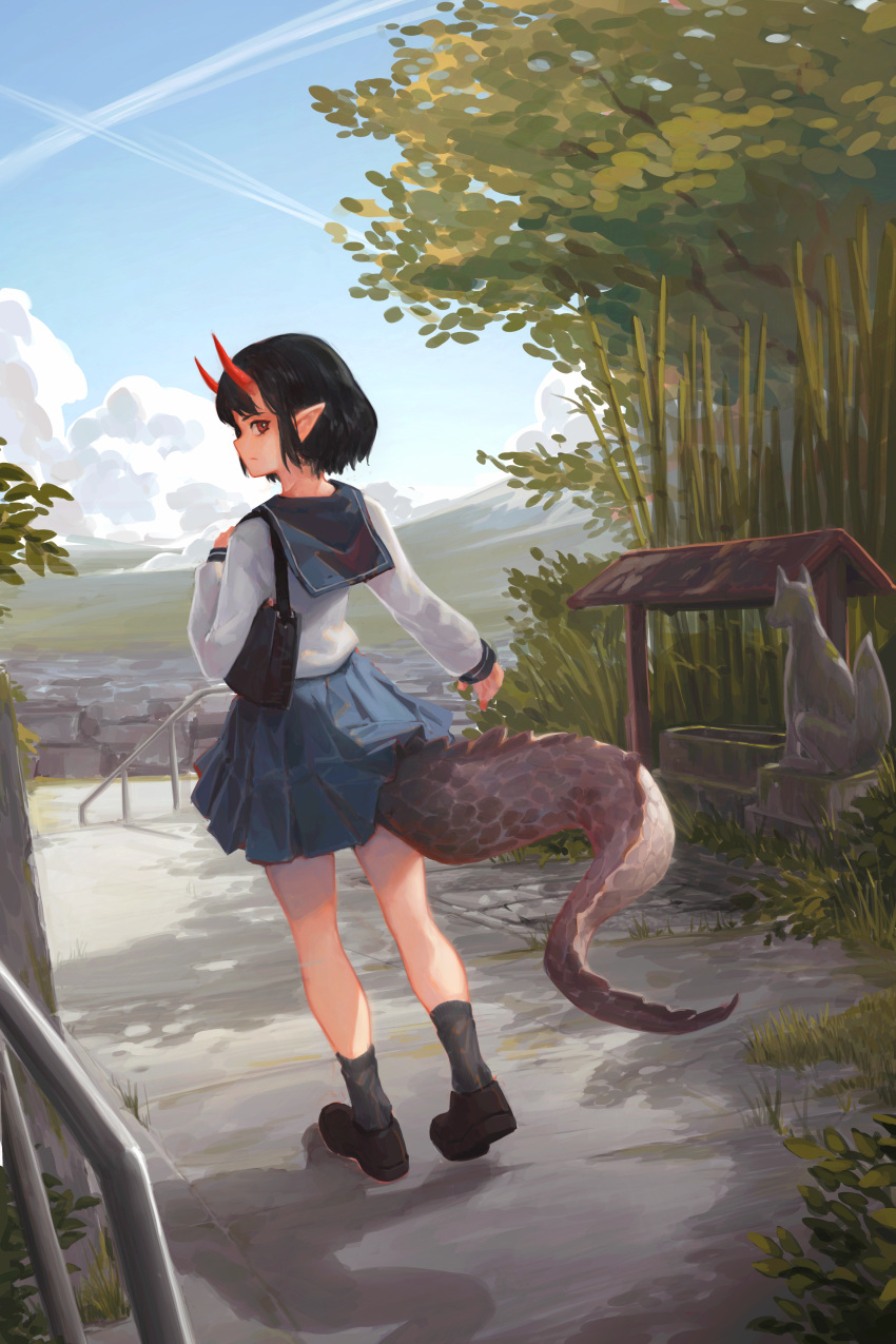 1girl absurdres bag bamboo black_bag black_footwear black_hair black_socks blue_skirt closed_mouth commentary day dragon_tail felix_thirasat fox_statue highres horns loafers long_sleeves looking_at_viewer looking_back oni_horns original outdoors pleated_skirt pointy_ears red_eyes red_horns school_uniform serafuku shirt shoes short_hair shoulder_bag skirt socks solo tail white_shirt wide_shot