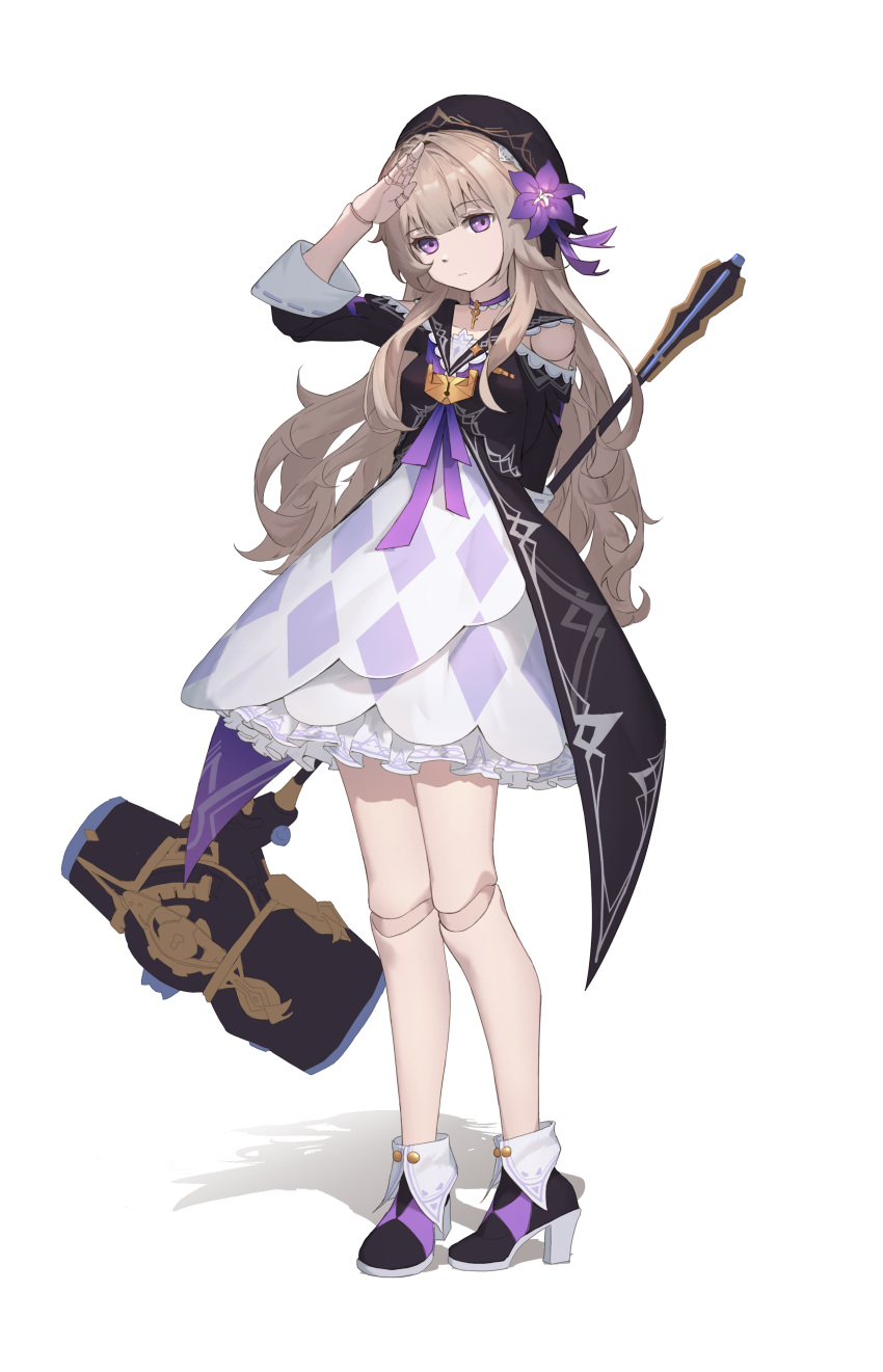 1girl absurdres beret black_dress black_headwear boots brown_hair choker closed_mouth clothing_cutout doll_joints dress flower full_body hammer hat hat_flower herta_(honkai:_star_rail) high_heel_boots high_heels highres holding holding_hammer holding_weapon honkai:_star_rail honkai_(series) huge_weapon jewelry joints key_necklace legs lock long_hair looking_at_viewer neckerchief necklace purple_choker purple_eyes purple_flower purple_footwear purple_neckerchief salute shoulder_cutout sidelocks solo standing vsattce weapon
