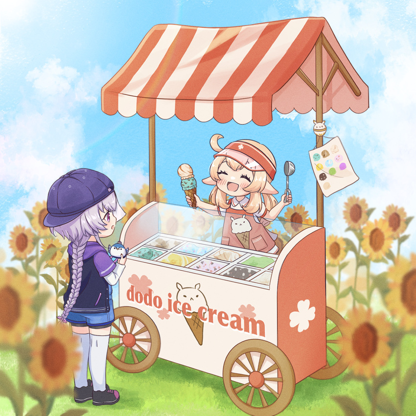 2girls :d ^_^ ahoge alternate_costume apron baseball_cap braid casual closed_eyes commentary_request contemporary dodoco_(genshin_impact) dual_wielding english_text flower food genshin_impact hair_between_eyes hat highres holding holding_food holding_ice_cream holding_ice_cream_scoop hood hooded_jacket ice_cream ice_cream_cone ice_cream_stand jacket jiangshi jumpy_dumpty klee_(genshin_impact) light_brown_hair long_hair long_sleeves looking_at_another low_ponytail low_twintails multicolored_clothes multicolored_jacket multiple_girls nami_harakamiaka ofuda_on_head outdoors pocket pointy_ears purple_eyes purple_hair qiqi_(genshin_impact) red_apron shirt short_sleeves sidelocks single_braid smile summer sunflower twintails two-tone_jacket visor_cap white_shirt