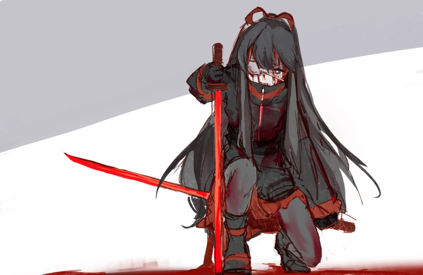 black_eyes black_footwear black_hair black_jacket black_pantyhose blood blood_on_clothes blood_on_face blood_on_ground boots eyepatch hair_ribbon highres holding holding_sheath holding_sword holding_weapon jacket katana kneeling library_of_ruina long_hair makihako_bunko medical_eyepatch on_one_knee open_mouth pantyhose project_moon red_ribbon red_skirt ribbon sheath sidelocks skirt sword tenma_(library_of_ruina) very_long_hair weapon