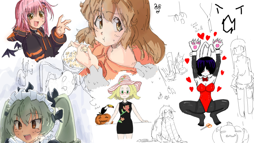 anchovy_(girls_und_panzer) bianca_(pokemon) bird breasts cleavage food ghost girls_und_panzer highres large_breasts maid_headdress nazo_no_kanojo_x non-web_source playboy_bunny pokemon popcorn pumpkin senki_zesshou_symphogear tachibana_hibiki_(symphogear) toucan urabe_mikoto