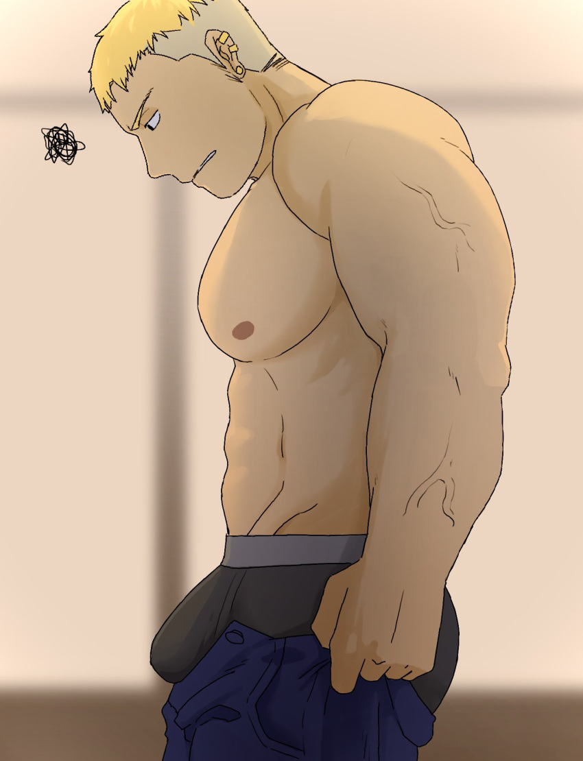 1boy abs bara black_male_underwear blonde_hair bulge denim dounoo dressing from_side highres i've_never_seen_a_guy_recreate_this_successfully_tbh_(meme) jeans large_pectorals looking_at_bulge male_focus male_underwear meme multicolored_hair muscular muscular_male nipples open_pants original pants pants_lift pectorals short_hair sideburns solo squiggle stomach topless_male two-tone_hair undercut undersized_clothes underwear veins veiny_arms