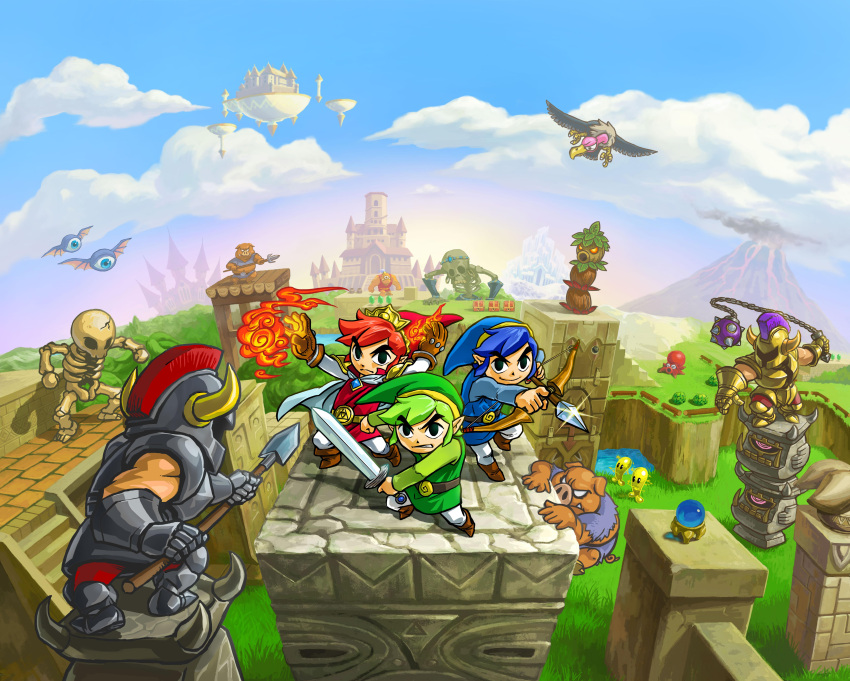 6+boys absurdres armor ball_and_chain_(weapon) belt blue_hair blue_headwear blue_sky blue_tunic bow_(weapon) brown_footwear cloud day fake_horns fireball green_hair green_headwear green_tunic helmet highres holding holding_polearm holding_sword holding_weapon horned_helmet horns link magic monster multiple_boys multiple_persona octorok official_art outdoors pointy_ears polearm red_hair red_headwear red_tunic short_hair skeleton sky spear sword the_legend_of_zelda the_legend_of_zelda:_tri_force_heroes toon_link weapon