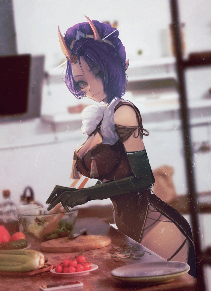 1girl absurdres black_gloves breasts cherry_tomato cleavage cleavage_cutout clothing_cutout dress elbow_gloves food_request gloves highres horns indie_virtual_youtuber kitchen large_breasts looking_at_viewer oni oni_horns onigiri_(vtuber) plate pointy_ears purple_eyes purple_hair red_dress salad salad_bowl smile solo taku_artworks tomato virtual_youtuber