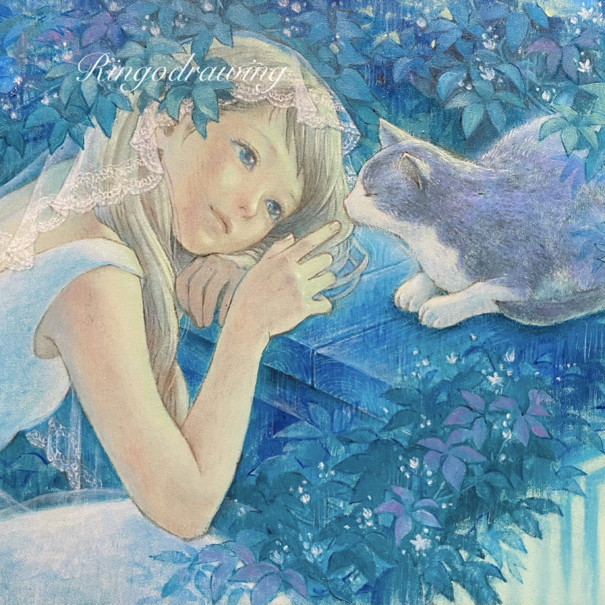 1girl animal blonde_hair blue_eyes cat commentary_request dress head_rest highres oil_painting_(medium) original painting_(medium) plant ringodrawing smile solo traditional_media upper_body veil white_dress