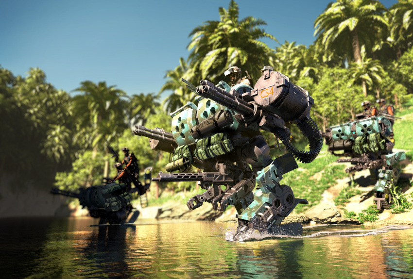 ammunition_belt ammunition_box autocannon bag camouflage cannon gatling_gun gun hexa_gear mecha military military_vehicle moruga pilot realistic robot scarecrow_(hexa_gear) science_fiction soldier standing standing_on_liquid tree tropical_camouflage water weapon