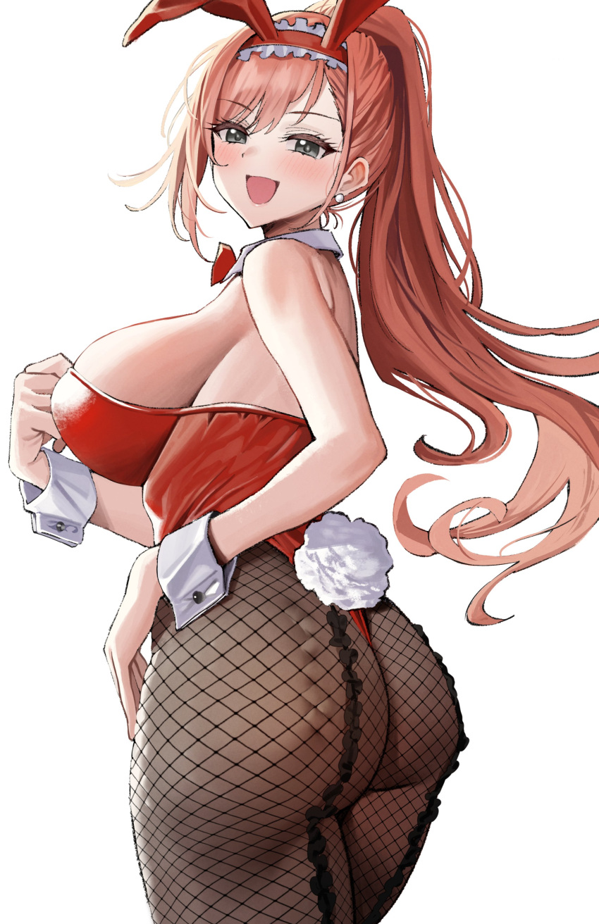 1girl absurdres animal_ears arisugawa_natsuha ass breasts fake_animal_ears fake_tail fishnet_pantyhose fishnets grey_eyes highres idolmaster idolmaster_shiny_colors large_breasts leotard long_hair looking_at_viewer looking_back orange_hair pantyhose playboy_bunny ponytail ramanda smile solo tail thong_leotard white_background wrist_cuffs