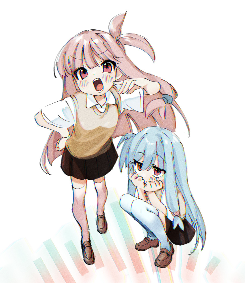 2girls absurdres alternate_costume black_skirt blue_hair blue_thighhighs blush brown_sweater_vest collared_shirt covered_mouth floating_hair from_above full_body hand_on_own_hip hand_up hands_on_own_chin hands_up highres jitome kotonoha_akane kotonoha_aoi loafers long_hair looking_at_viewer low_tied_sidelocks multiple_girls okusuri_nometane one_side_up open_mouth pink_hair pink_thighhighs red_eyes school_uniform shirt shoes short_sleeves siblings sidelocks sisters skirt squatting standing sweater_vest thighhighs v-shaped_eyebrows voiceroid white_background white_shirt