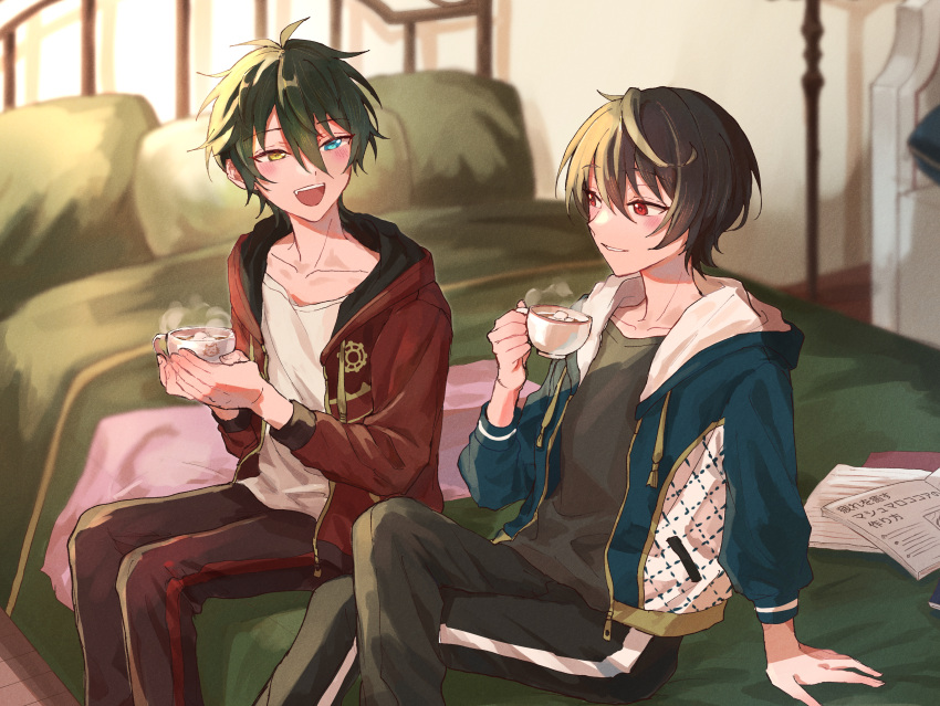 2boys absurdres aqua_eyes bed black_hair commentary_request crossed_legs cup drawstring ensemble_stars! green_hair grey_shirt hair_between_eyes highres holding holding_cup hood hood_down jacket kagehira_mika long_sleeves male_focus multiple_boys on_bed open_clothes open_jacket open_mouth pillow red_eyes sakuma_ritsu shirt short_hair sitting teeth upper_teeth_only wednesday_108 white_shirt yellow_eyes