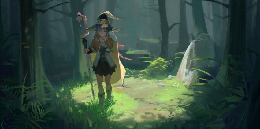 1girl absurdres adjusting_clothes adjusting_headwear black_skirt blue_eyes blue_hair braid brown_cape cape crossed_bangs day english_commentary flower forest full_body grass hair_between_eyes hat highres holding holding_staff long_hair long_sleeves looking_at_viewer mage_staff multicolored_hair mushoku_tensei nature outdoors purple_flower red_hair rock roxy_migurdia skirt solo staff sunlight toxic_(toxicv) tree twin_braids very_long_hair white_footwear