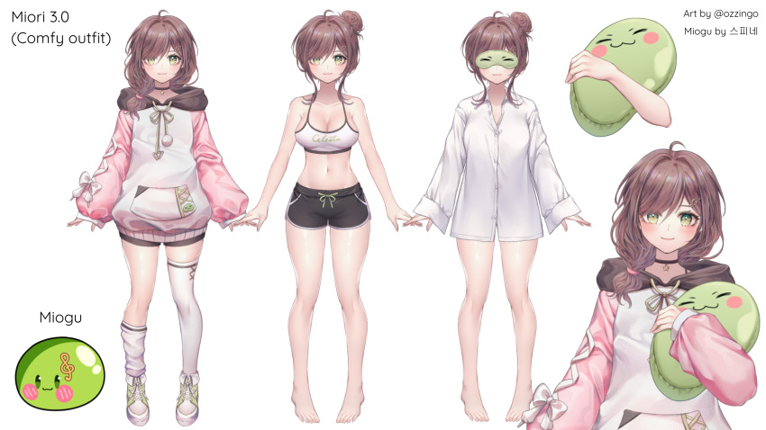 1girl ahoge bare_arms bare_legs bare_shoulders barefoot black_choker black_shorts breasts brown_hair camisole choker cleavage collared_shirt crop_top doll_hug dolphin_shorts drawstring dress_shirt feet full_body green_eyes hair_bun hair_over_shoulder highres hood hood_down hoodie large_breasts legs long_hair long_sleeves looking_at_viewer loose_thighhigh midriff miori_celesta mogu_(miori_celesta) multiple_views navel object_hug official_art ozzingo partially_unbuttoned pink_sleeves puffy_sleeves raglan_sleeves reference_sheet shirt shoes short_shorts shorts sleep_mask sleeveless sleeveless_shirt smile spaghetti_strap standing stomach thighhighs thighs tsunderia white_footwear white_hoodie white_shirt white_thighhighs