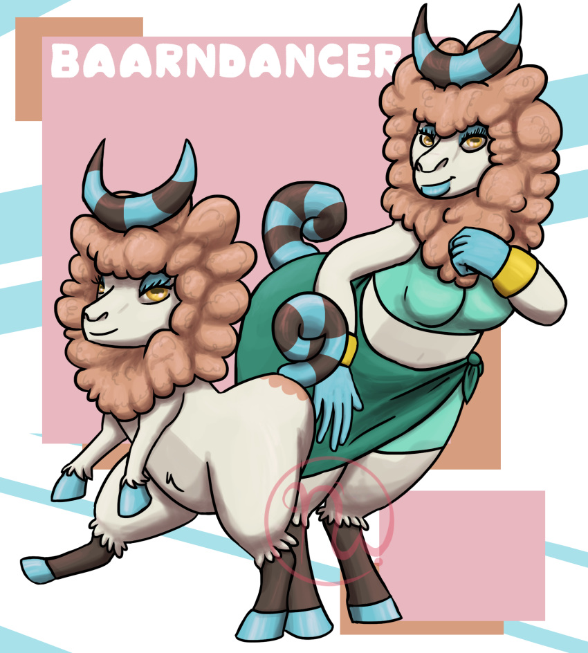 2020 anthro anthrofied baarndancer big_butt blue_hooves bottomwear bovid bracelet breasts butt caprine clothing crop_top curled_tail duo eyelashes eyeshadow female feral hair half-closed_eyes hand_on_chest hi_res hooves horizontal_pupils horn jewelry larger_anthro_smaller_feral lips looking_at_viewer makeup mammal markings multicolored_body narrowed_eyes ni_no_kuni ni_no_kuni_(series) pink_hair pupils raised_leg sheep shirt simple_background size_difference skirt skywater striped_horn striped_markings striped_tail stripes tail tail_markings text thick_thighs topwear white_body yellow_eyes