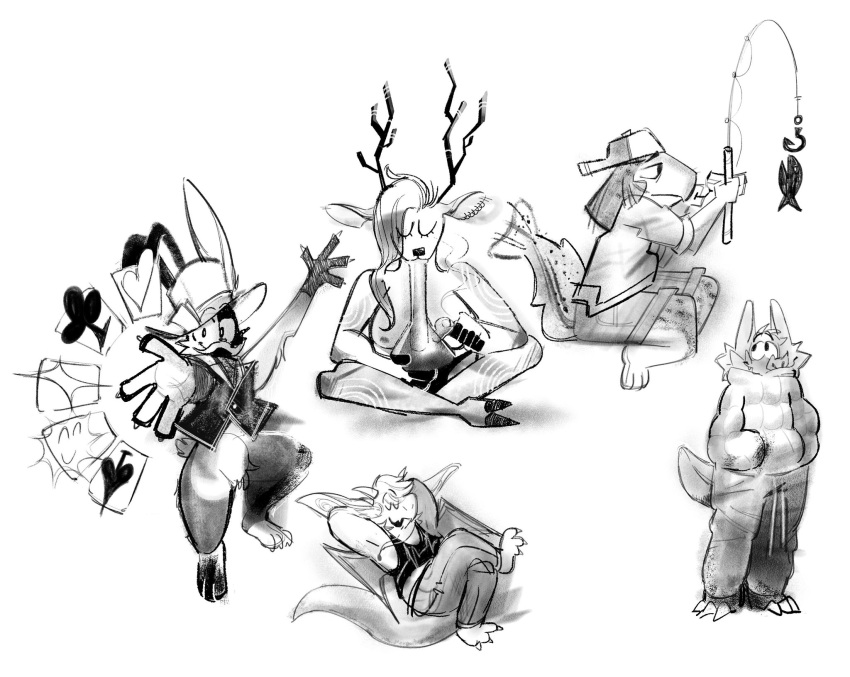 ambiguous_gender anthro antlers bong breasts card clothing deer drugs ear_piercing female fish group hat headgear headwear hi_res holding_object horn lagomorph leporid looking_at_viewer male mammal marine nipples piercing playing_card rabbit relaxing sitting smoking smoking_weed twistcmyk