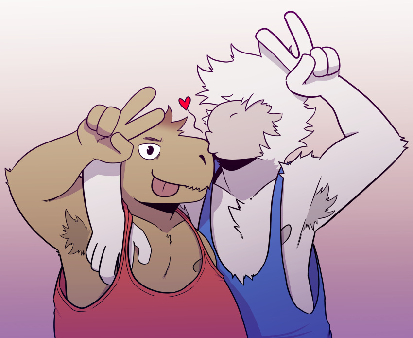 5_fingers absurd_res anthro anthro_on_anthro armpit_hair body_hair camelid capybara caviid clothed clothing duo fingers gesture hi_res interspecies keegan_(t0l0k) kissing llama male male/male mammal paul_(t0l0k) rodent smile t0l0k tongue tongue_out v_sign