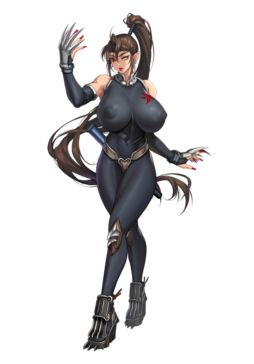 1girl 2v_(joyeong) armored_boots armpits bare_shoulders belt black_bodysuit black_gloves bodysuit boots breasts brown_belt brown_hair claw_(weapon) collarbone covered_navel covered_nipples crossed_legs earrings elbow_gloves fingerless_gloves gloves hair_between_eyes heterochromia high_ponytail highres hoop_earrings huge_breasts impossible_bodysuit impossible_clothes jewelry kaen knee_pads last_origin linea_alba long_hair looking_at_viewer nail_polish ninja official_art open_mouth pointy_ears red_eyes red_lips red_nails rope scar scar_across_eye sengoku_ace sengoku_blade sengoku_cannon simple_background skin_tight solo standing tachi-e thick_eyebrows thick_thighs thighs third-party_source transparent_background weapon yellow_eyes