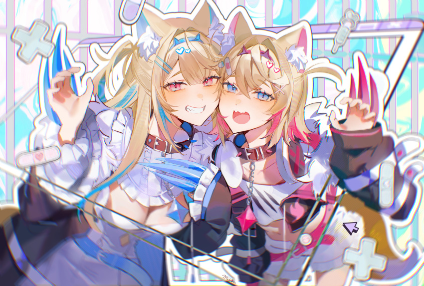 2girls :3 absurdres animal_ear_fluff animal_ears artist_name bandaid_hair_ornament belt belt_buckle belt_collar black_collar black_jacket blonde_hair blue_belt blue_eyes blue_hair blush breasts buckle center_frills chain claw_pose cleavage clothing_cutout collar colored_inner_animal_ears crop_top cropped_jacket crossed_bangs detached_collar dog_ears dog_girl dog_tail double-parted_bangs dress fake_horns fang flame_print flat_chest frilled_collar frilled_sleeves frills fur-trimmed_jacket fur_collar fur_trim fuwawa_abyssgard hair_intakes hair_ornament hairband hairclip headphones headphones_around_neck heart highres hololive hololive_english horns jacket large_breasts long_hair long_sleeves looking_at_viewer midriff misu_(miisuuu) mococo_abyssgard multicolored_hair multiple_girls navel open_clothes open_jacket open_mouth pink_belt pink_eyes pink_hair pink_hairband puffy_long_sleeves puffy_sleeves shirt short_hair short_shorts shorts siblings sidelocks skin_fang smile spiked_collar spiked_hairband spikes streaked_hair tail teeth twins two_side_up virtual_youtuber white_dress white_shirt white_shorts x_hair_ornament