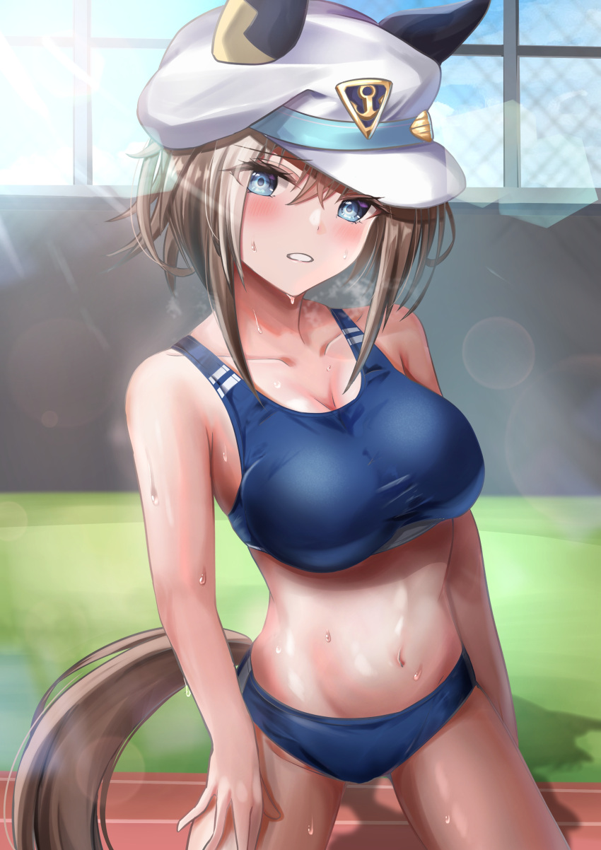 1girl absurdres alternate_costume animal_ears blush breasts buruma cheval_grand_(umamusume) cleavage collarbone commentary_request grass groin hat highres horse_ears horse_girl horse_tail lens_flare looking_at_viewer medium_breasts navel solo sports_bikini steaming_body sweat tail track_and_field umamusume waity_awa