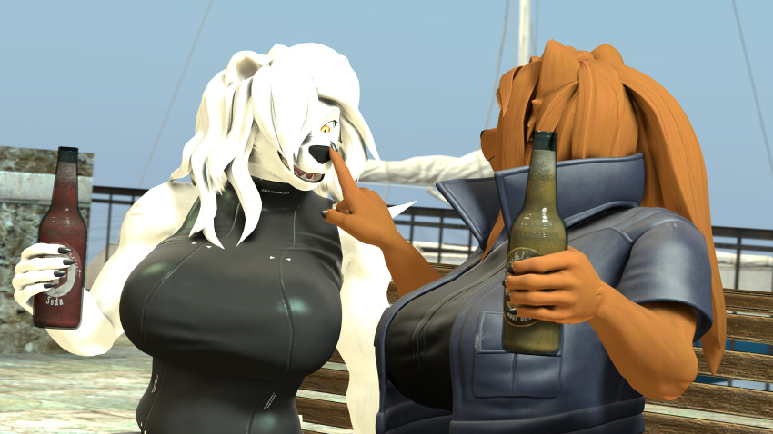 absurd_res anthro bear bench beverage black_nose boat boop brown_body brown_hair bull3t clothing dasha_(petruz) duo female furniture hair hi_res holding_object jacket mammal nataliya_(petruz) nose_boop open_mouth open_smile petruz_(copyright) polar_bear railing sailing_boat sailing_watercraft seaside sharp_teeth smile soda soda_bottle teeth topwear ursine vehicle watercraft white_body white_hair wood wood_bench wood_furniture