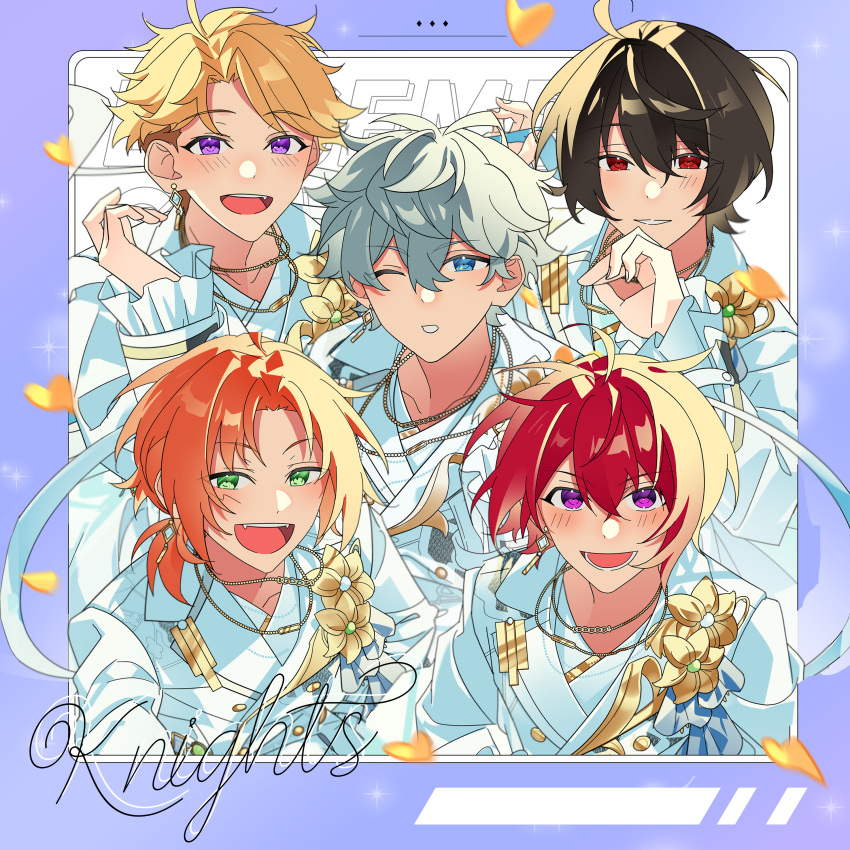 1other 4boys absurdres black_hair blonde_hair blue_eyes blush commentary earrings ensemble_stars! fangs flower green_eyes grey_hair heidbd highres jewelry knights_(ensemble_stars!) long_sleeves looking_at_viewer lower_teeth_only male_focus multiple_boys narukami_arashi necklace one_eye_closed open_mouth orange_hair purple_eyes red_eyes red_hair sakuma_rei_(ensemble_stars!) sena_izumi_(ensemble_stars!) short_hair smile suou_tsukasa teeth tsukinaga_leo upper_teeth_only