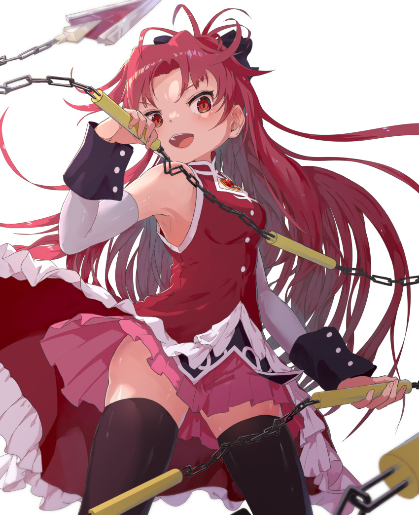 1girl absurdres bow detached_sleeves dress fang from_side hair_bow head_tilt high_ponytail highres holding holding_polearm holding_weapon injury long_sleeves looking_at_viewer mahou_shoujo_madoka_magica mahou_shoujo_madoka_magica_(anime) mandarin_collar open_mouth polearm puella_anko red_bow red_dress red_eyes red_hair sakura_kyouko sleeve_cuffs sleeveless sleeveless_dress smile solo weapon white_sleeves