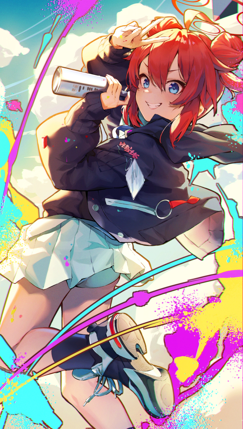 1girl ahoge arm_up ass black_cola black_footwear black_jacket black_shirt black_socks blue_archive blue_eyes blue_sky cloud commentary_request day double_bun grin hair_between_eyes hair_bun hand_up highres holding hood hood_down hooded_jacket jacket long_sleeves looking_at_viewer looking_to_the_side maki_(blue_archive) open_clothes open_jacket panties pleated_skirt puffy_long_sleeves puffy_sleeves red_hair shirt shoe_soles skirt sky smile socks solo spray_can underwear v-shaped_eyebrows white_panties white_skirt