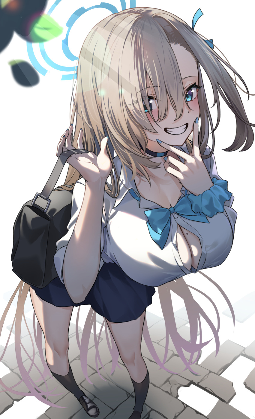 1girl absurdres asuna_(blue_archive) bag bent_over black_skirt blue_archive blue_eyes blue_halo breasts cleavage clenched_teeth fingernails full_body halo highres holding holding_bag large_breasts light_brown_hair long_hair looking_at_viewer nail_polish ojisan_kamo_shiremasen on_ground school_uniform shirt skirt smile solo standing sunlight teeth very_long_hair white_shirt