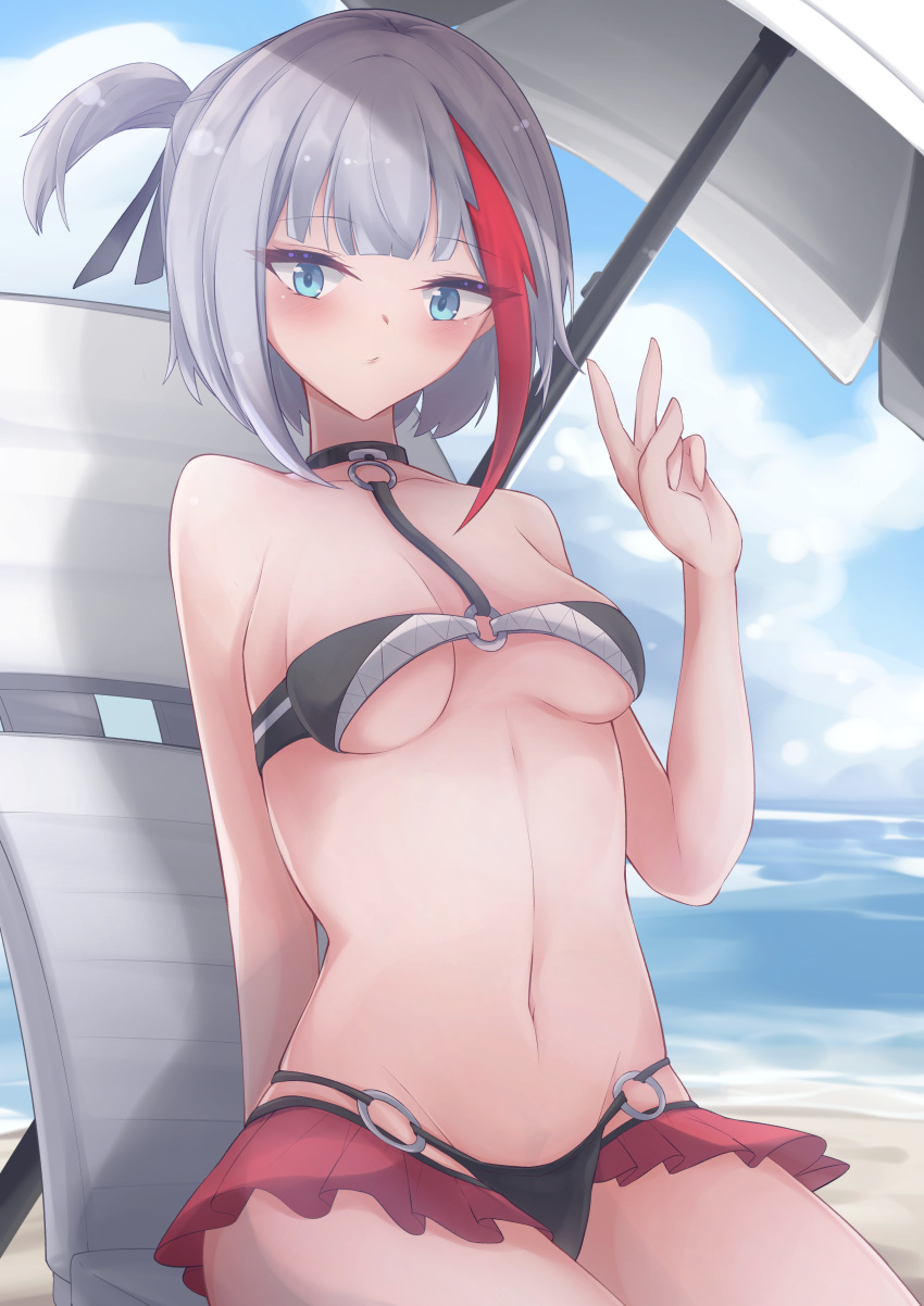 1girl absurdres adapted_costume admiral_graf_spee_(azur_lane) arm_behind_back azur_lane beach bikini bikini_skirt black_bikini black_choker blue_eyes blush breasts choker expressionless groin hand_up highres looking_at_viewer medium_breasts medium_hair multicolored_hair navel o-ring o-ring_bikini o-ring_bottom o-ring_choker o-ring_top ocean osatou_(soul_of_sugar) outdoors parasol pleated_skirt red_hair red_skirt side_ponytail sitting skirt solo stomach streaked_hair swimsuit thighs two-tone_hair umbrella underboob v white_hair