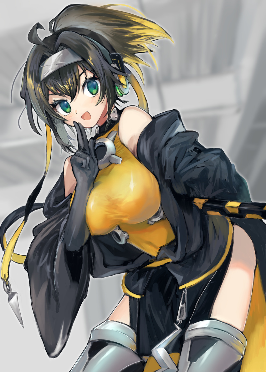 1girl absurdres ahoge bare_shoulders black_gloves black_hair blonde_hair breasts brown_hair duel_monster elbow_gloves forehead_protector gloves gradient_hair green_eyes haori headphones highres jacket japanese_clothes kuji-in large_breasts leaning_forward long_sleeves multicolored_hair nataro_1116 open_clothes open_jacket open_mouth ponytail s-force_rappa_chiyomaru sidelocks sleeveless sleeveless_turtleneck solo thighhighs turtleneck wide_sleeves yu-gi-oh!