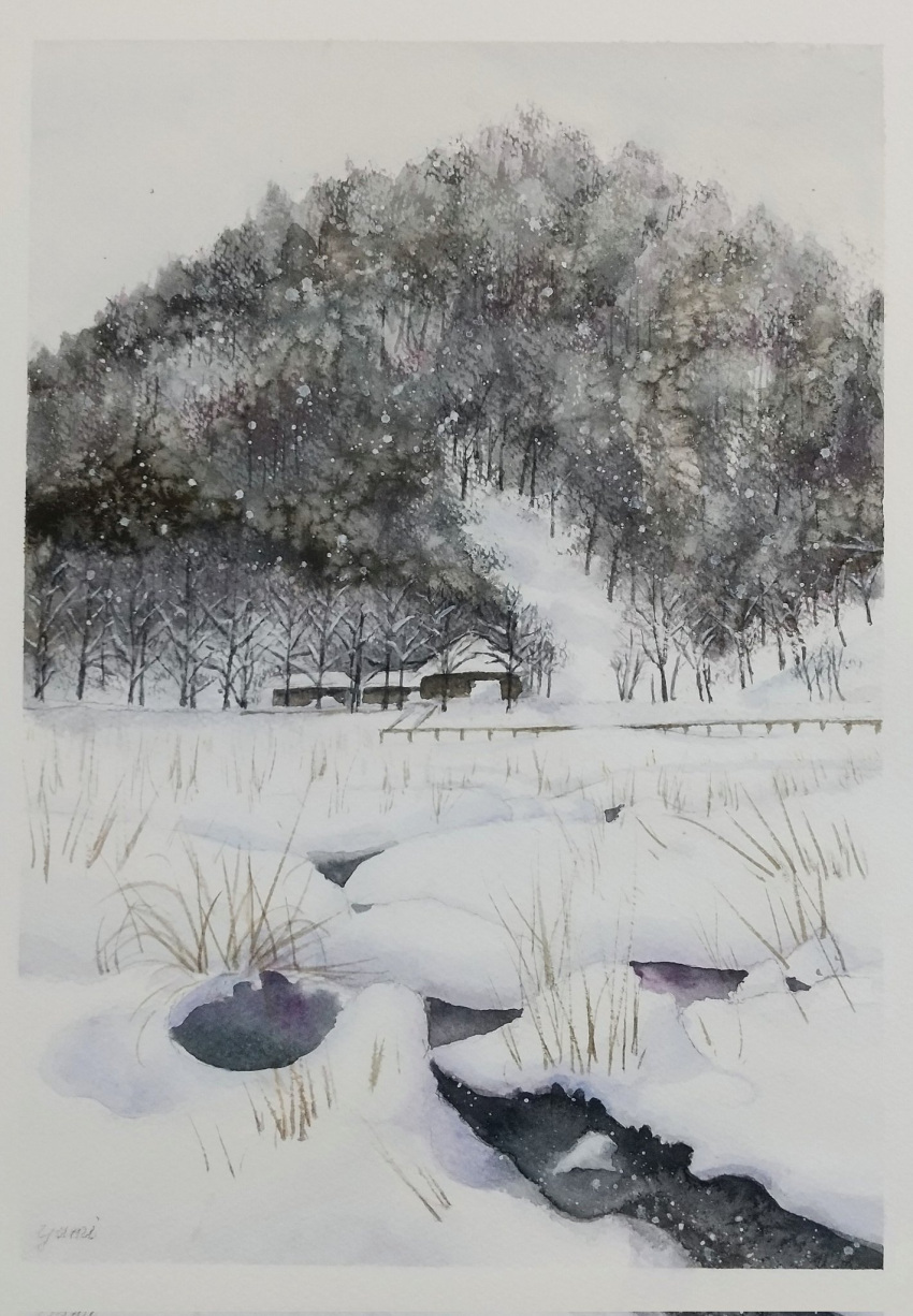 building day field forest grass grey_sky highres hill miyuchan777 nature no_humans original painting_(medium) scenery sky snow snowing traditional_media tree watercolor_(medium)