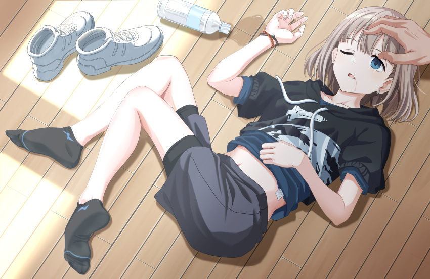 1girl blue_eyes bob_cut bottle brown_hair can earrings empty_eyes floor highres hood hoodie idolmaster idolmaster_shiny_colors jewelry light_brown_hair lying midriff midriff_peek namego3go navel no_shoes on_back on_floor on_side one_eye_closed open_mouth saliva serizawa_asahi shirt shirt_under_sweater shoes shoes_removed short_hair shorts single_earring sleeping sleeping_with_eyes_open sneakers solo t-shirt water_bottle wooden_floor