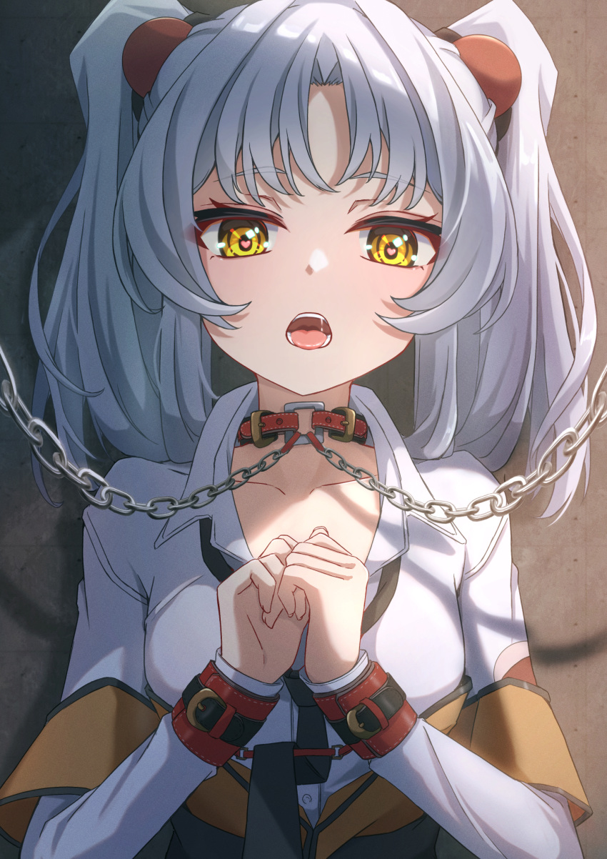 1girl :o bound bound_wrists chain chain_leash collar cuffs highres hoshino_ruri kidou_senkan_nadesico leash ru-ha yellow_eyes