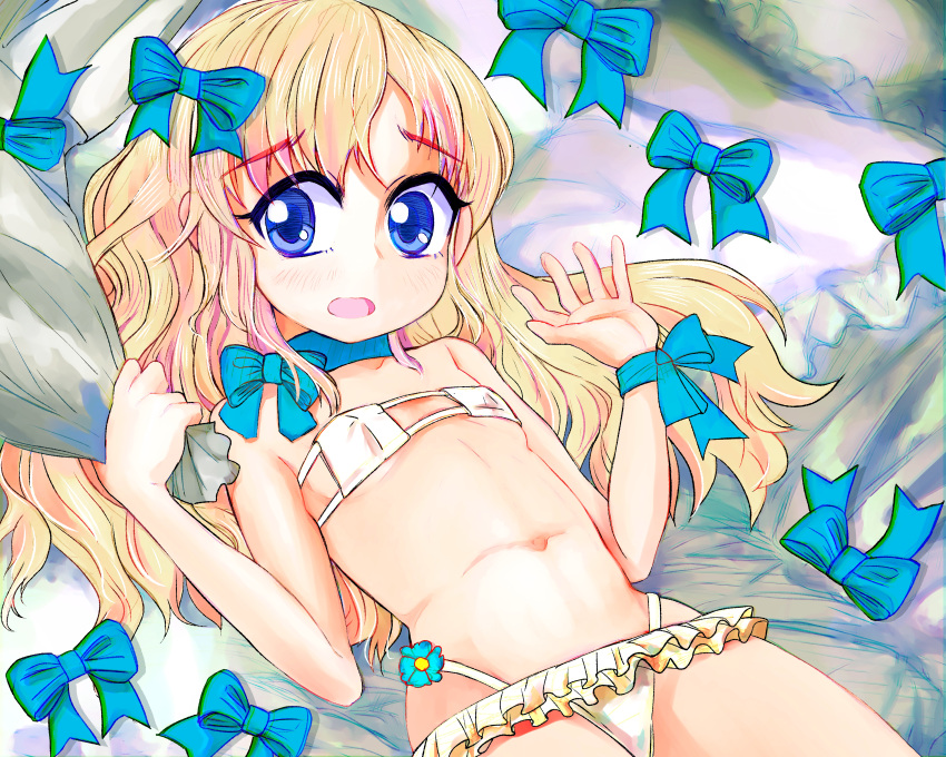 1girl absurdres bare_shoulders bed_sheet bikini blonde_hair blue_bow blue_choker blue_eyes blue_flower bow breasts choker covered_nipples eyepatch_bikini flower furrowed_brow hair_bow hands_up highres long_hair looking_to_the_side lying navel on_back open_mouth original pillow small_breasts solo swimsuit tsukiyono_aroe underboob white_bikini wrist_bow
