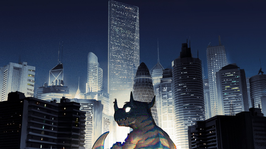 bly_mead building city digimon digimon_(creature) dragon_horns fangs greymon highres horns lights night night_sky no_humans scenery sky tail