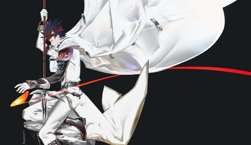 1boy arc_the_lad arc_the_lad_ii bandana belt black_hair closed_mouth earrings elc_(arc_the_lad) gloves jewelry male_focus military_uniform polearm protected_link save_scene_a short_hair simple_background solo spear spiked_hair uniform weapon white_gloves