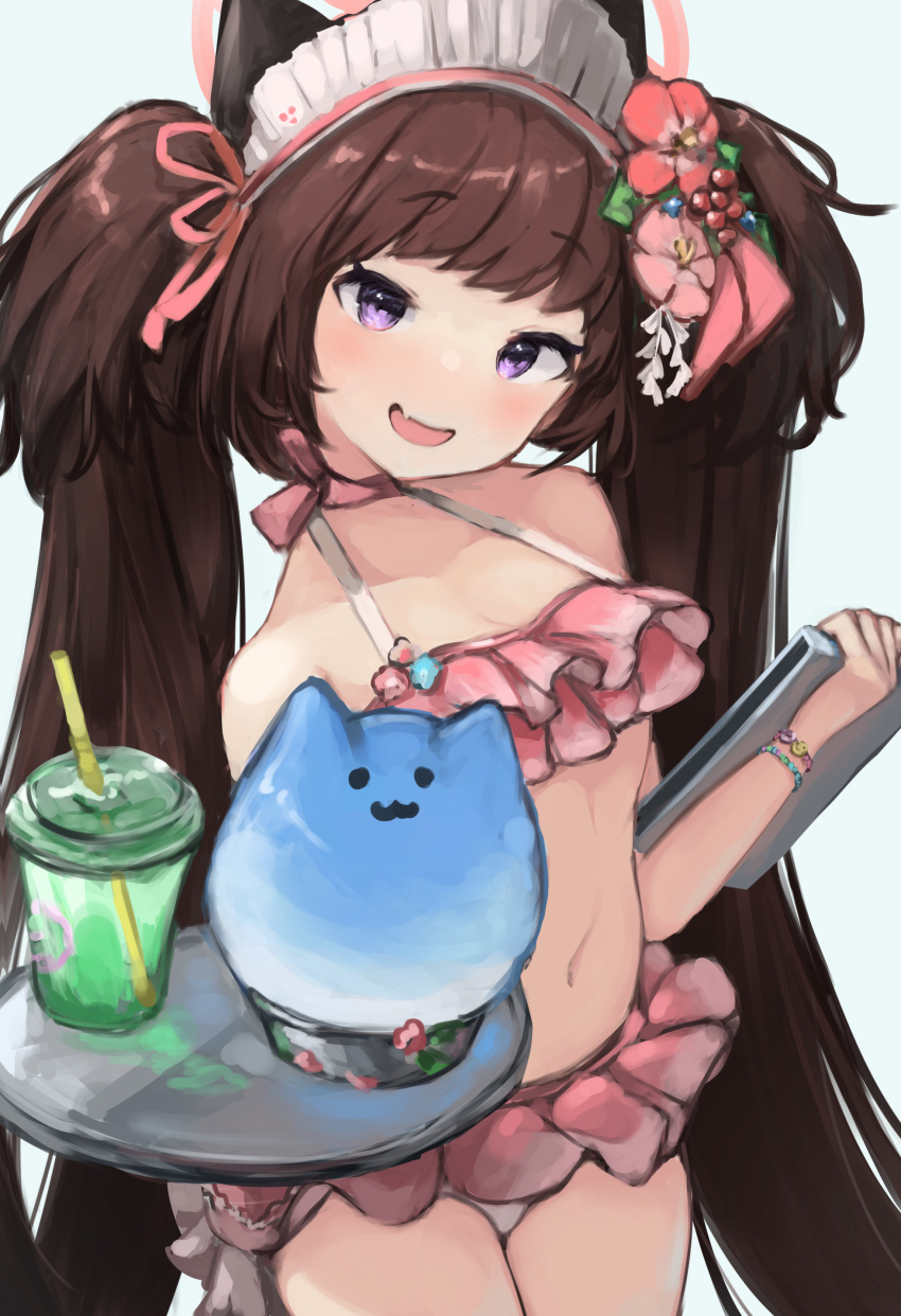 1girl :3 absurdres animal_ears bikini blue_archive breasts brown_hair cleavage fake_animal_ears flower food frilled_bikini frills from_above hair_flower hair_ornament hair_ribbon halo halterneck highleg highleg_bikini highres holding holding_food holding_paper long_hair looking_at_viewer navel open_mouth paper pink_bikini pink_halo purple_eyes ribbon shaved_ice shizuko_(blue_archive) shizuko_(swimsuit)_(blue_archive) simple_background small_breasts solo standing stomach swimsuit teruriu twintails white_background white_headdress