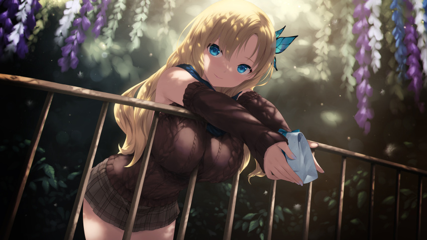 1girl alternate_costume bag bare_shoulders bent_over blonde_hair blue_eyes boku_wa_tomodachi_ga_sukunai breasts brown_skirt brown_sleeves brown_sweater butterfly_hair_ornament cait_aron closed_mouth cowboy_shot detached_sleeves hair_ornament highres holding holding_bag kashiwazaki_sena large_breasts long_hair miniskirt plaid plaid_skirt railing skirt smile solo standing sweater tree