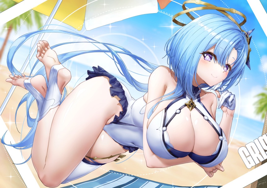1girl artist_name bare_shoulders barefoot beach beach_umbrella bikini blue_hair blue_sky blush breasts casual_one-piece_swimsuit character_name cleavage closed_mouth clothing_cutout commentary covered_navel day feet frills full_body gloves griseo griseo_(cosmic_expression) hair_ornament half_gloves halo highres honkai_(series) honkai_impact_3rd huge_breasts legs long_hair looking_at_viewer lying ocean on_stomach one-piece_swimsuit outdoors palm_tree purple_eyes sand single_thighhigh sky smile soles solo stirrup_legwear swimsuit thigh_strap thighhighs thighs toeless_legwear toes tree umbrella very_long_hair white_gloves white_one-piece_swimsuit white_thighhighs xfate