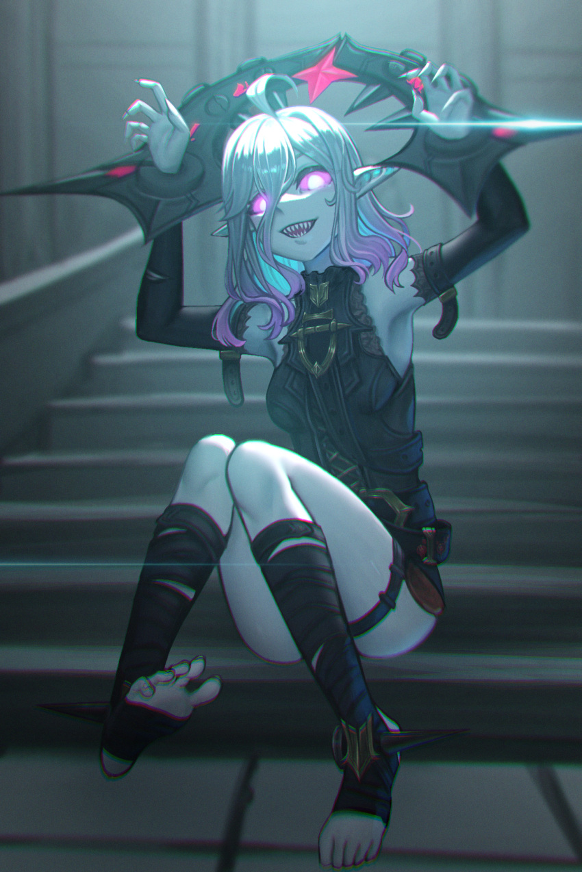 1girl ahoge arms_up belt black_belt breasts briar_(league_of_legends) chromatic_aberration colored_sclera colored_skin commentary detached_sleeves feet fingernails full_body glowing glowing_eyes gradient_hair grey_hair grey_skin hair_between_eyes highres knees knees_up league_of_legends legs long_hair looking_at_viewer medium_breasts multicolored_hair no_pupils no_shoes obscure_chou117 on_stairs open_mouth pink_hair pink_sclera pointy_ears sharp_fingernails sharp_teeth sidelocks sitting sitting_on_stairs soles solo spread_toes stairs teeth thighs toeless_legwear toenails toes two-tone_hair vampire white_eyes wrist_cuffs