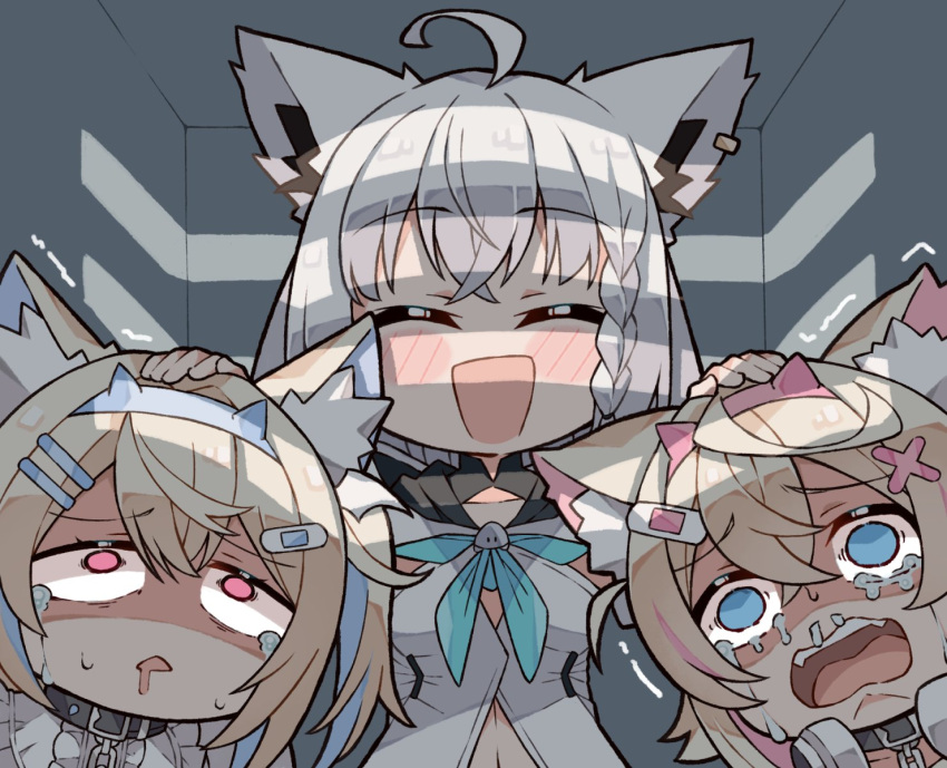 3girls ahoge animal_ear_fluff animal_ears bandaid_hair_ornament black_collar blonde_hair blue_brooch blue_eyes blue_hair blue_neckerchief braid collar colored_inner_animal_ears crying crying_with_eyes_open crystal_horn dog_ears dog_girl drooling fox_ears fox_girl fur-trimmed_jacket fur_trim fuwawa_abyssgard green_eyes hair_between_eyes hair_ornament headband highres hololive hololive_english hood hoodie jacket kukie-nyan long_hair mococo_abyssgard multicolored_hair multiple_girls neckerchief open_mouth pink_brooch pink_eyes pink_hair pink_headband runny_nose shirakami_fubuki shirakami_fubuki_(1st_costume) siblings side_braid sidelocks single_braid sisters smile snot streaked_hair streaming_tears tears trembling twins virtual_youtuber white_hair white_hoodie x_hair_ornament