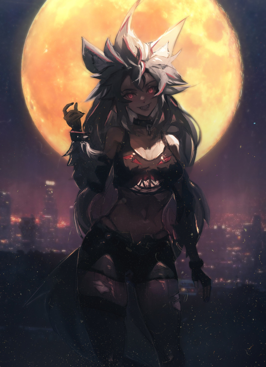 1girl absurdres animal_ears belt black_collar black_gloves black_nails black_pantyhose black_shorts breasts cityscape collar cropped_shirt elbow_gloves fangs fingerless_gloves gloves grey_hair highleg highleg_panties highres large_breasts looking_at_viewer moon navel open_fly panties pantyhose red_eyes shirt short_shorts shorts smile solo spiked_hair tail taku_artworks thigh_belt thigh_strap torn_clothes torn_pantyhose torn_shirt underwear virtual_youtuber vshojo wolf_ears wolf_girl wolf_tail zentreya zentreya_(werewolf)